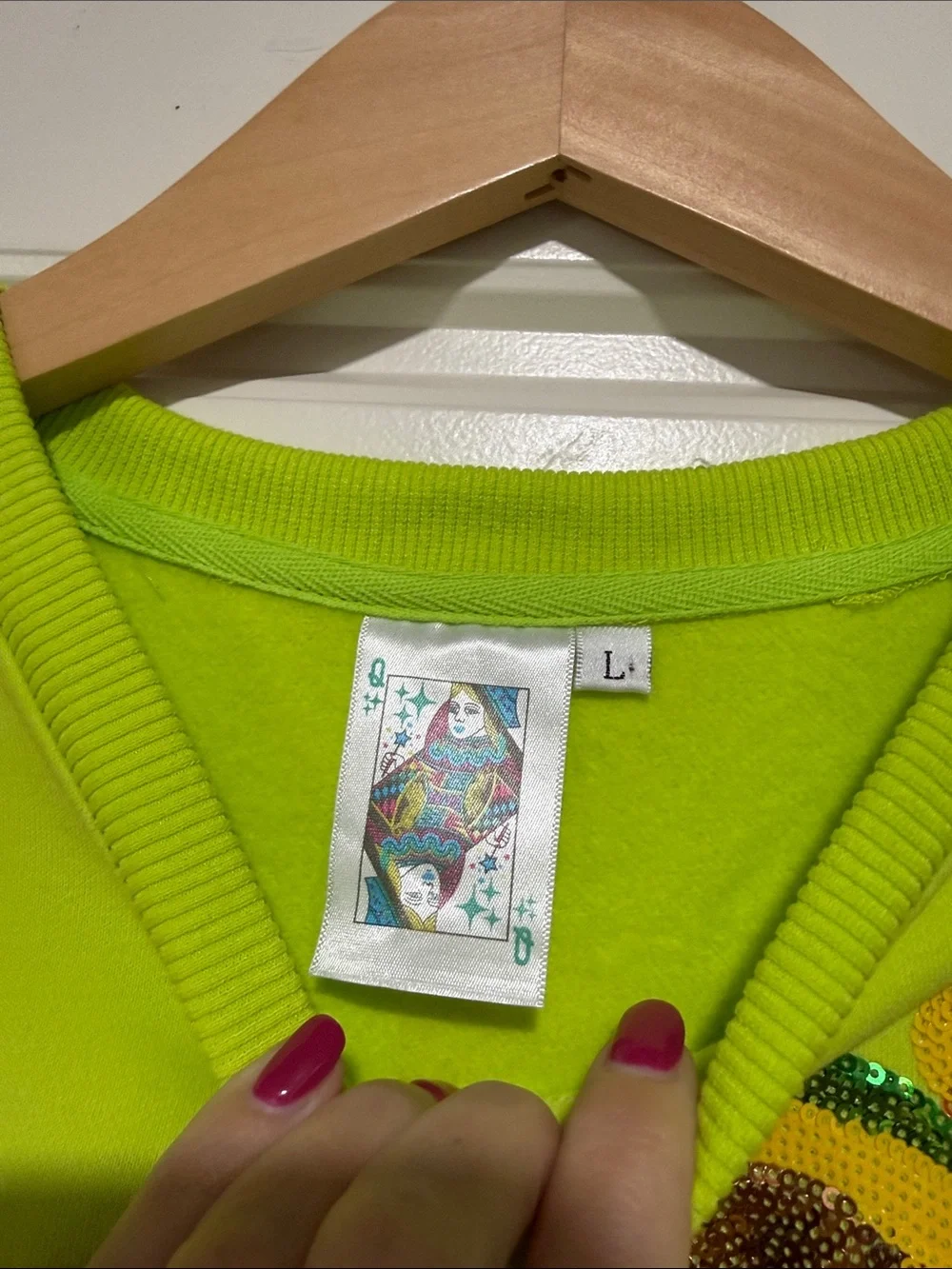 QUEEN OF SPARKLES Neon green Sequin Mexican Food Short Sleeve Sweatshirt
